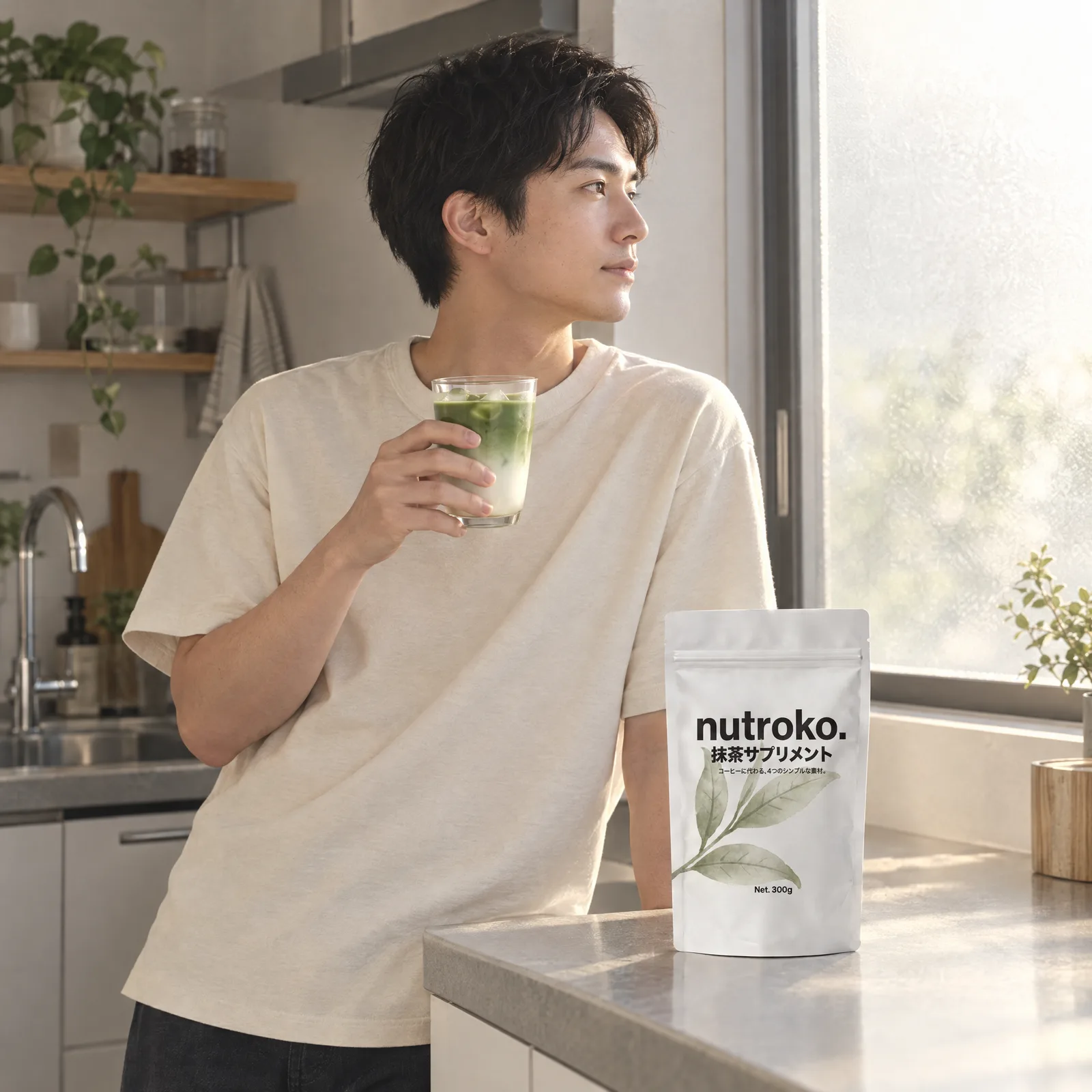 朝のキッチンで、氷入りの抹茶のグラスを手に窓の外を見る男性。カウンターにnutroko.のパウチ