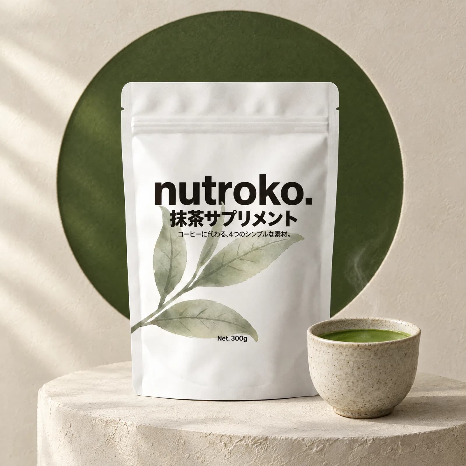 白いnutroko.のパウチと、なめらかな抹茶の一杯。後ろに深い抹茶色の丸い窓